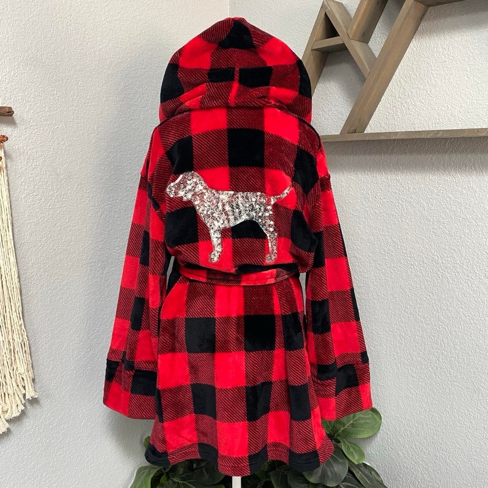 VICTORIA'S SECRET PINK ROBE BLING SEQUIN DOG PLUSH FLEECE PLAID HOOD RED BLACK